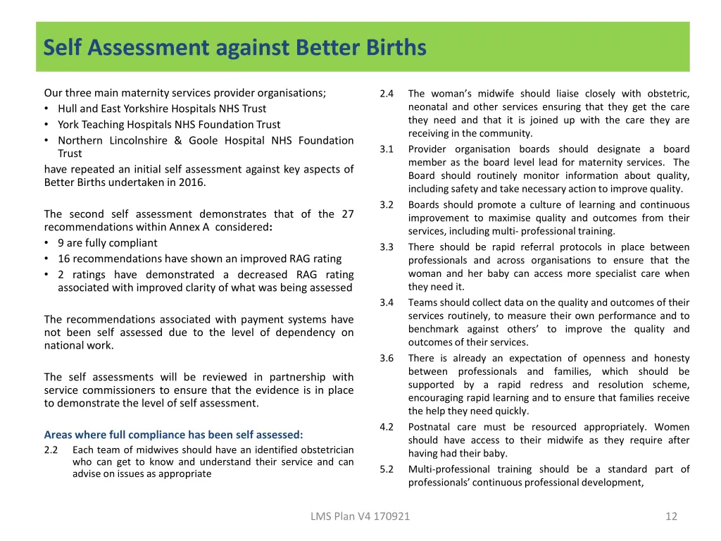 self assessment against better births