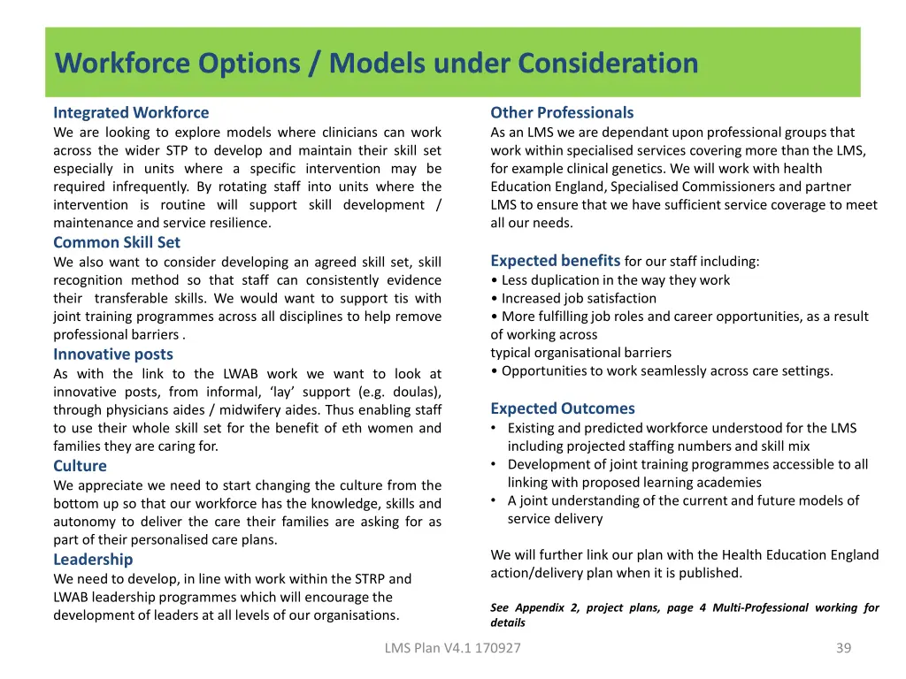 workforce options models under consideration