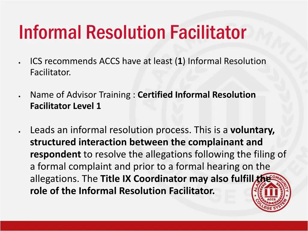 informal resolution facilitator