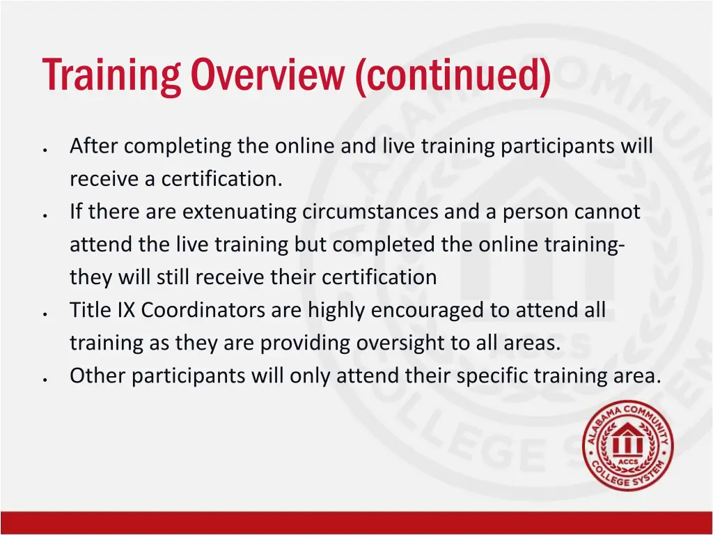 training overview continued