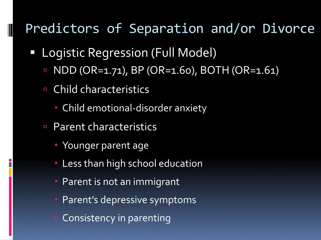 predictors of separation and or divorce