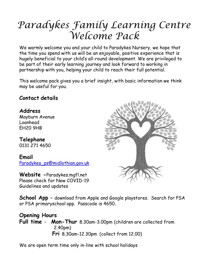 paradykes family learning centre welcome pack