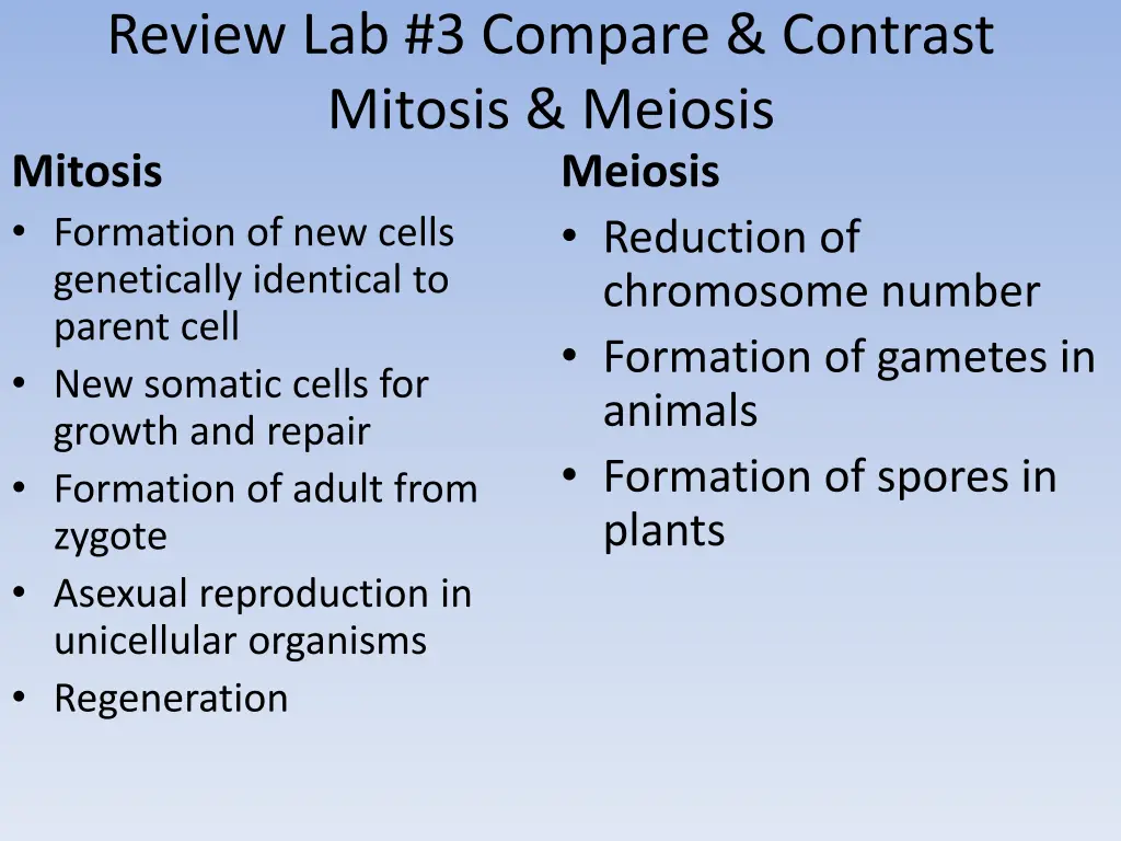 review lab 3 compare contrast mitosis meiosis