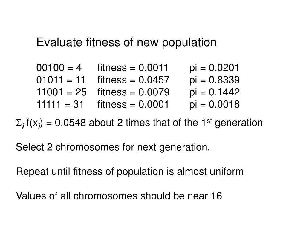 evaluate fitness of new population 1