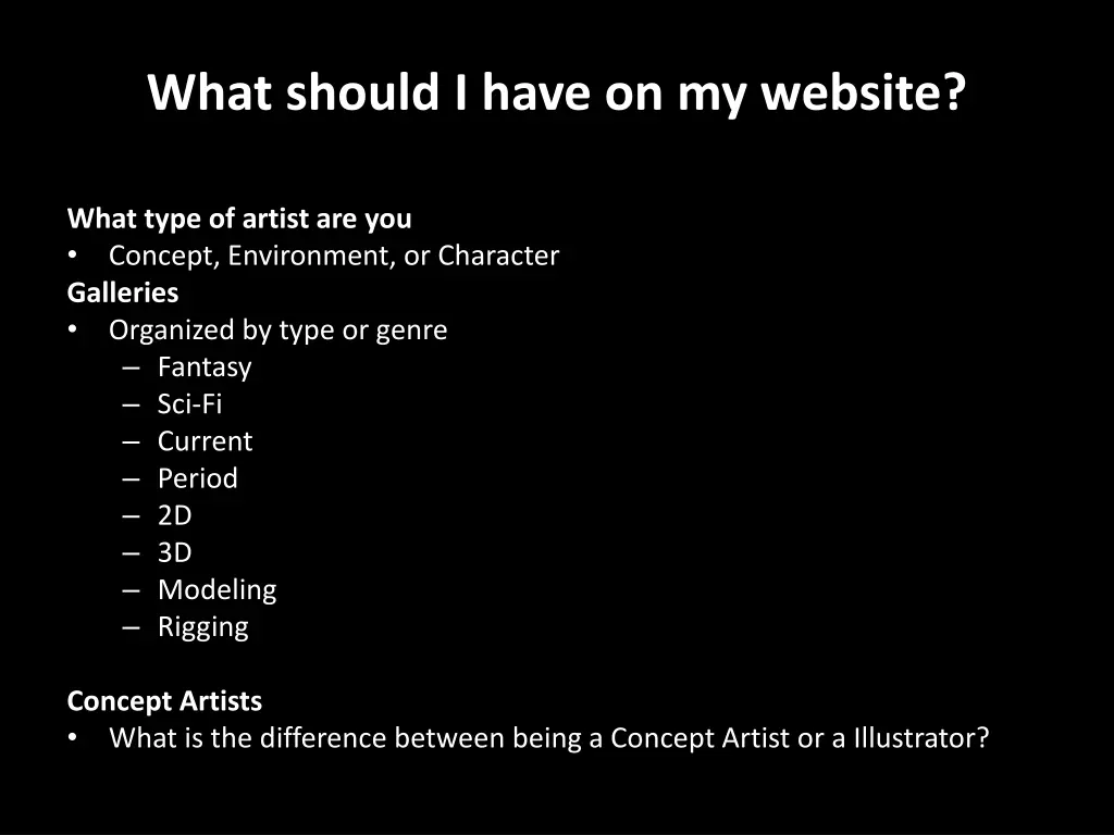 what should i have on my website artists what