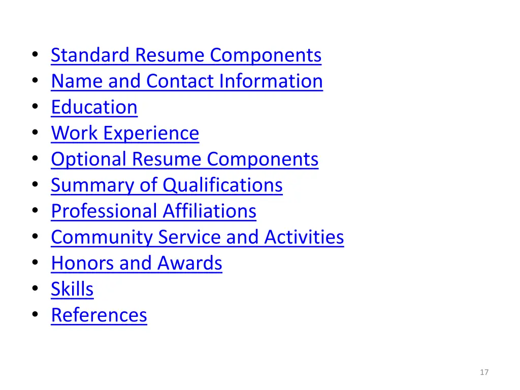 standard resume components name and contact