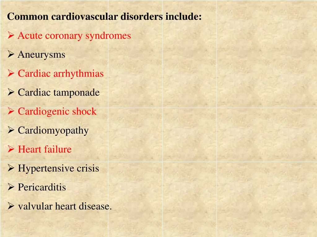 common cardiovascular disorders include