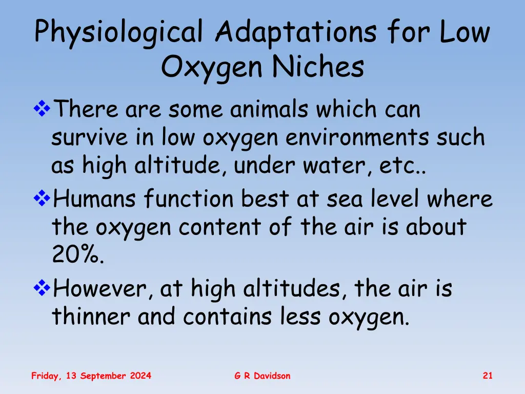 physiological adaptations for low oxygen niches