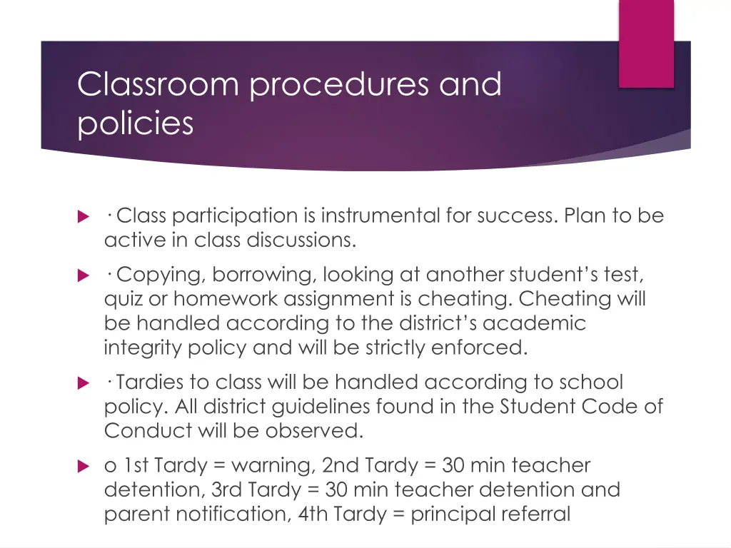 classroom procedures and policies