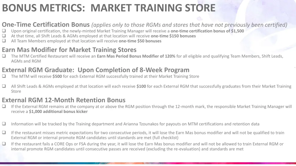 bonus metrics market training store