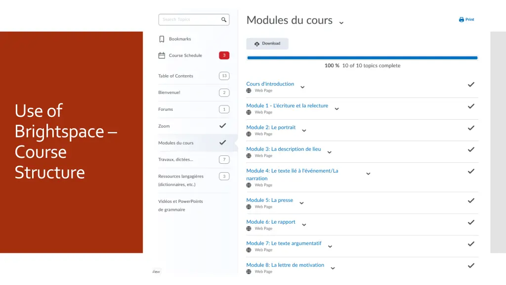 use of brightspace course structure