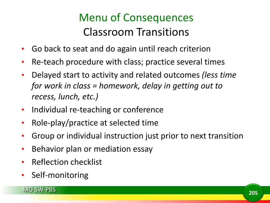 menu of consequences classroom transitions