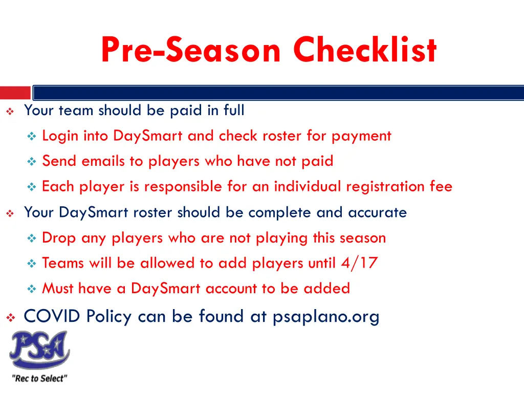 pre season checklist