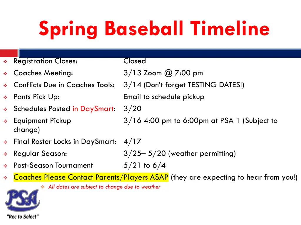 spring baseball timeline