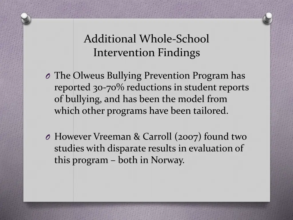 additional whole school intervention findings