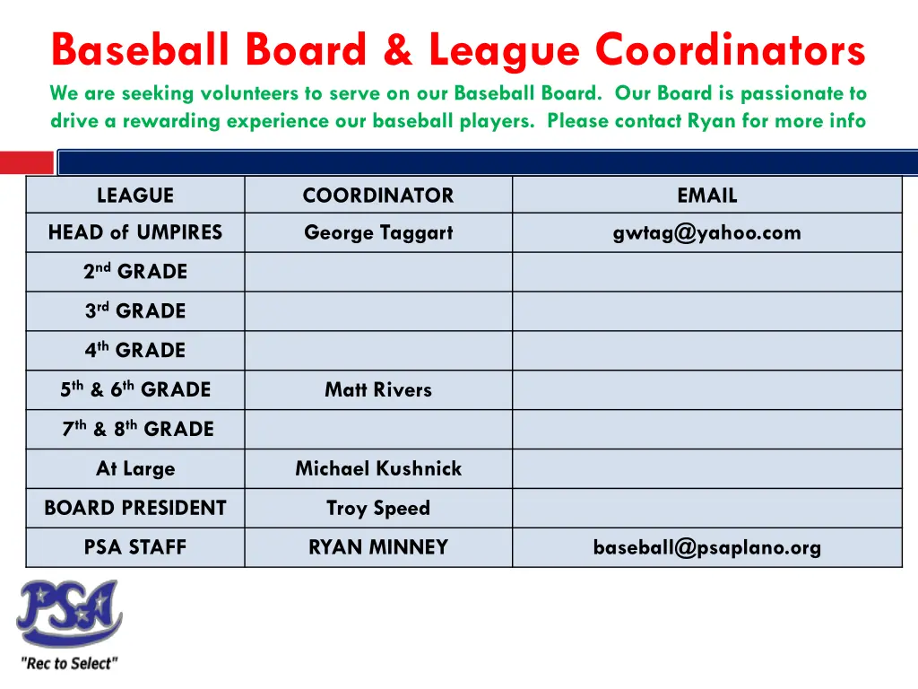 baseball board league coordinators we are seeking