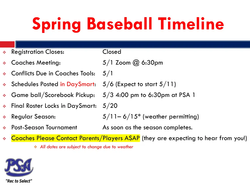 spring baseball timeline