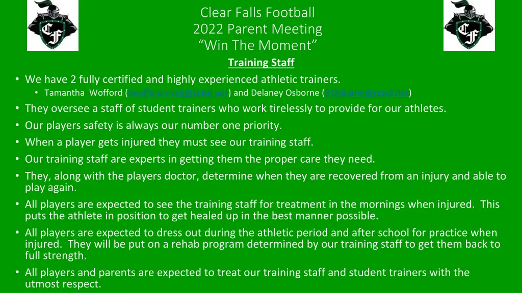 clear falls football 2022 parent meeting 1