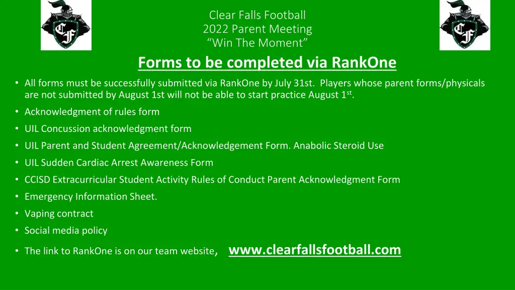 clear falls football 2022 parent meeting 2