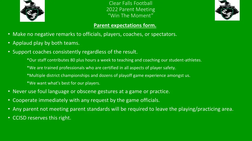 clear falls football 2022 parent meeting 3