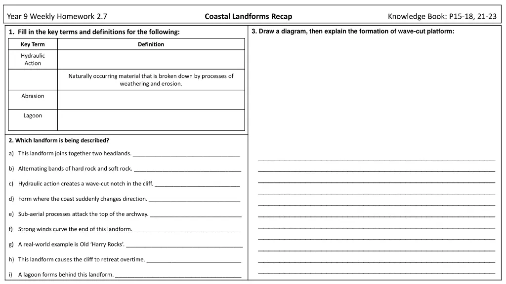 year 9 weekly homework 2 7 coastal landforms