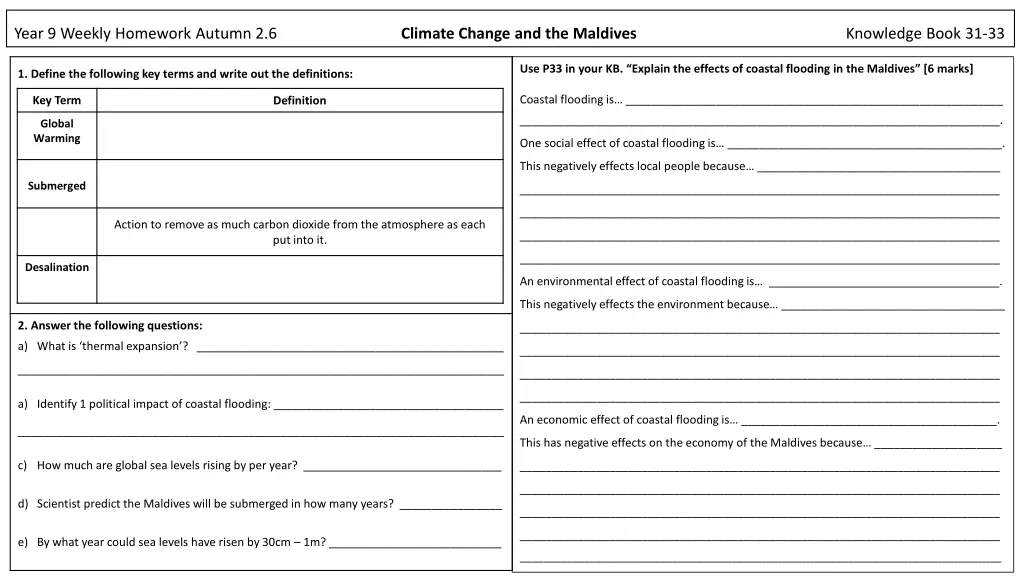 year 9 weekly homework autumn 2 6 climate change