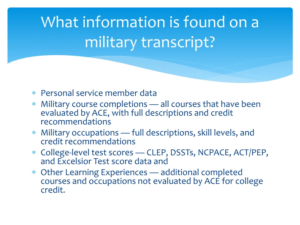 what information is found on a military transcript