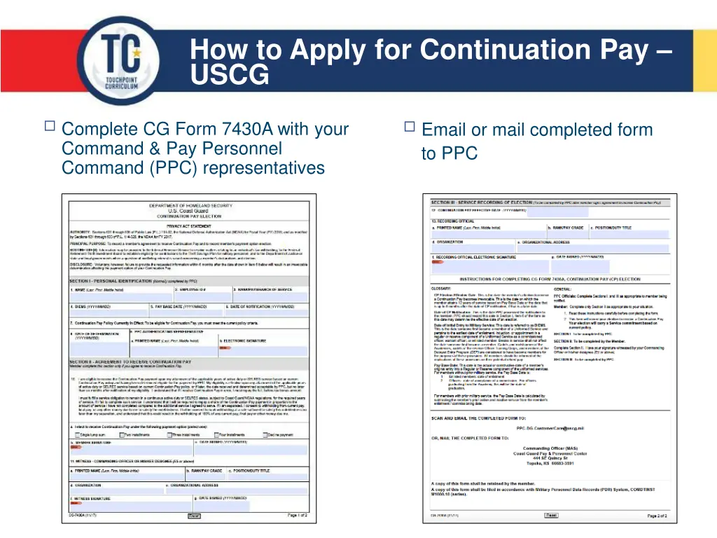 how to apply for continuation pay uscg