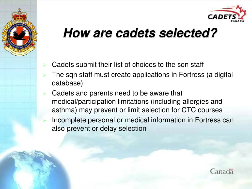 how are cadets selected