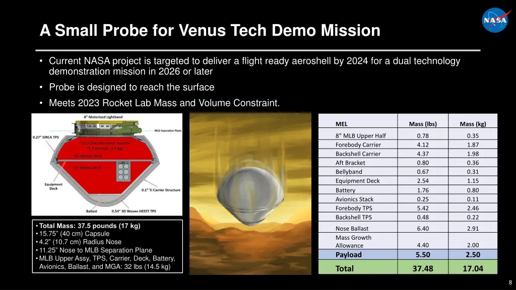 a small probe for venus tech demo mission