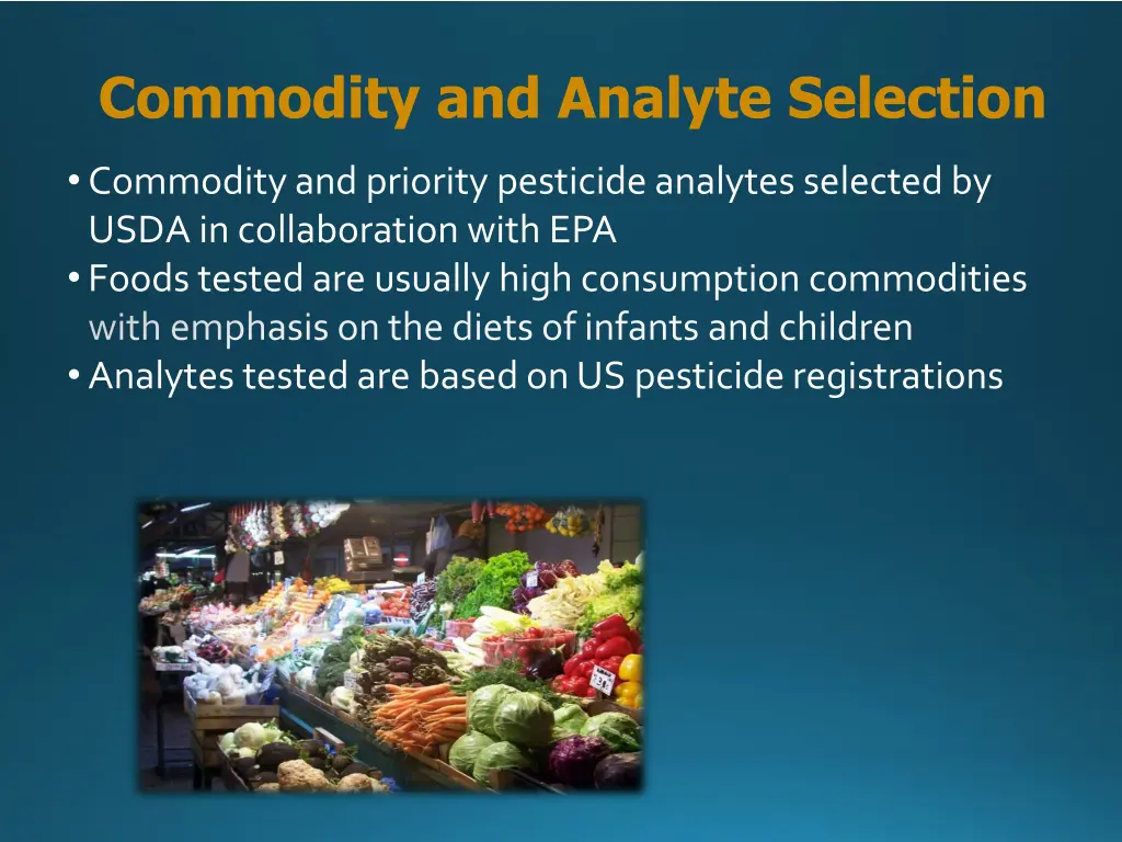 commodity and analyte selection