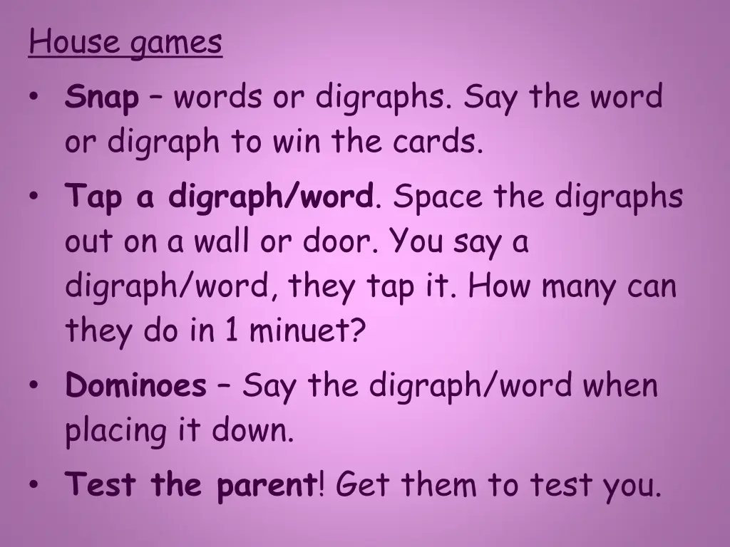 house games snap words or digraphs say the word