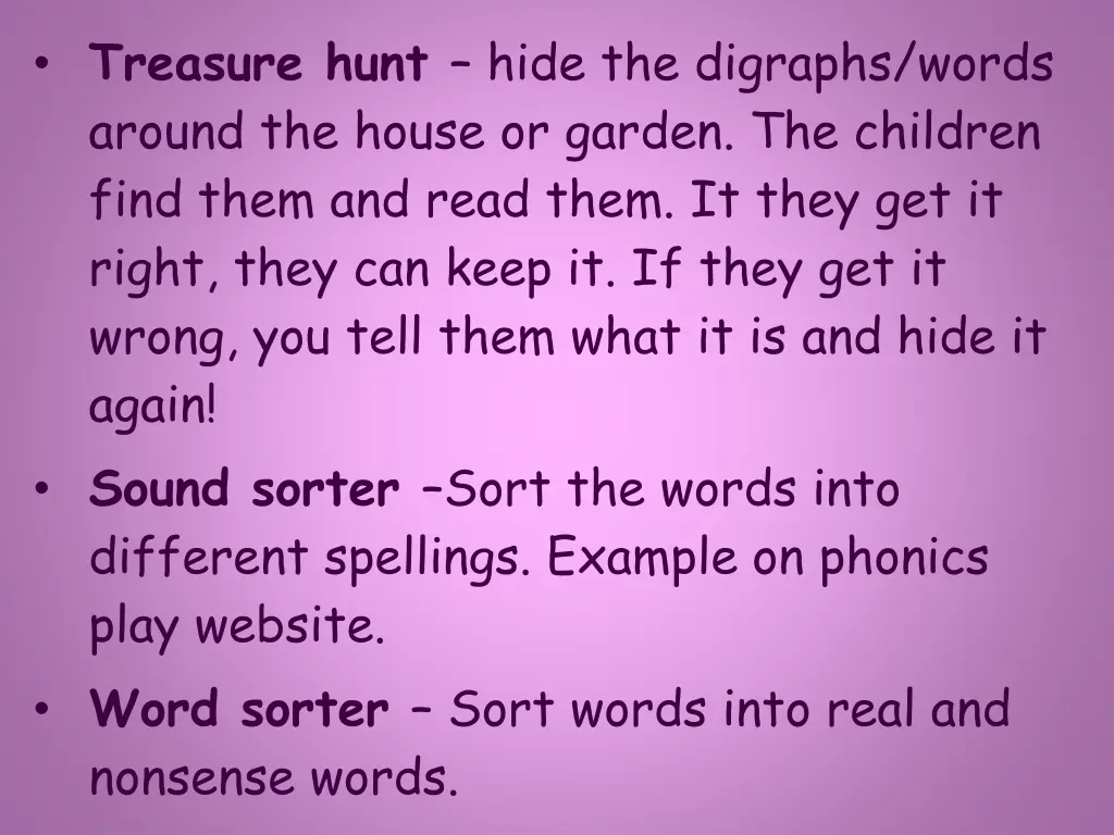 treasure hunt hide the digraphs words around