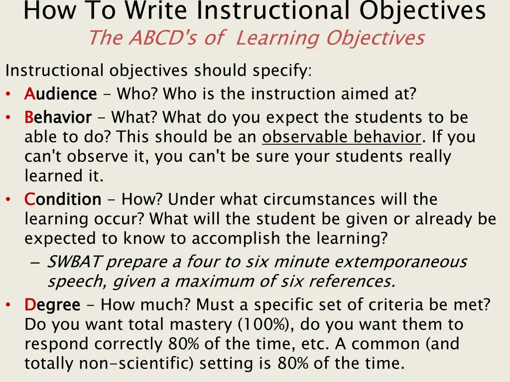 how to write instructional objectives the abcd