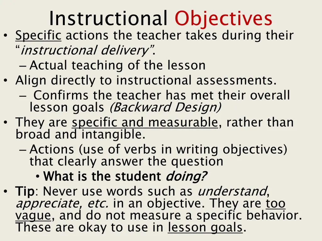 instructional objectives specific actions