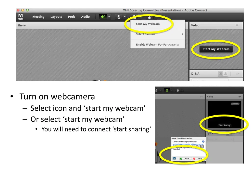 turn on webcamera select icon and start my webcam