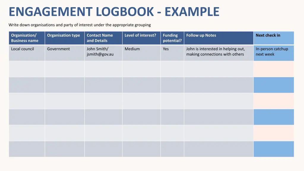 engagement logbook example