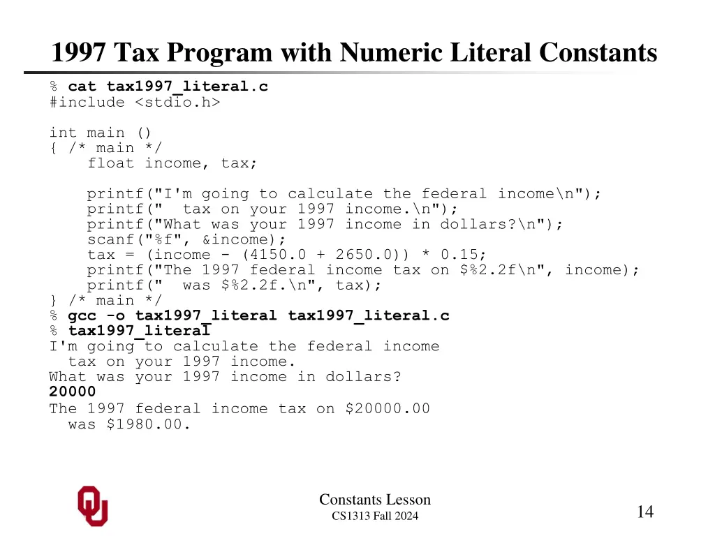 1997 tax program with numeric literal constants