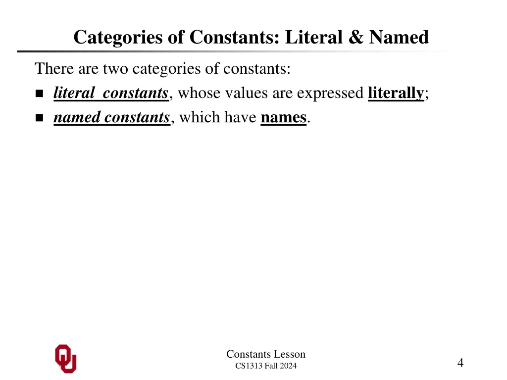 categories of constants literal named