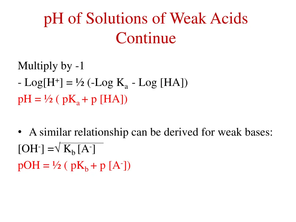 ph of solutions of weak acids continue