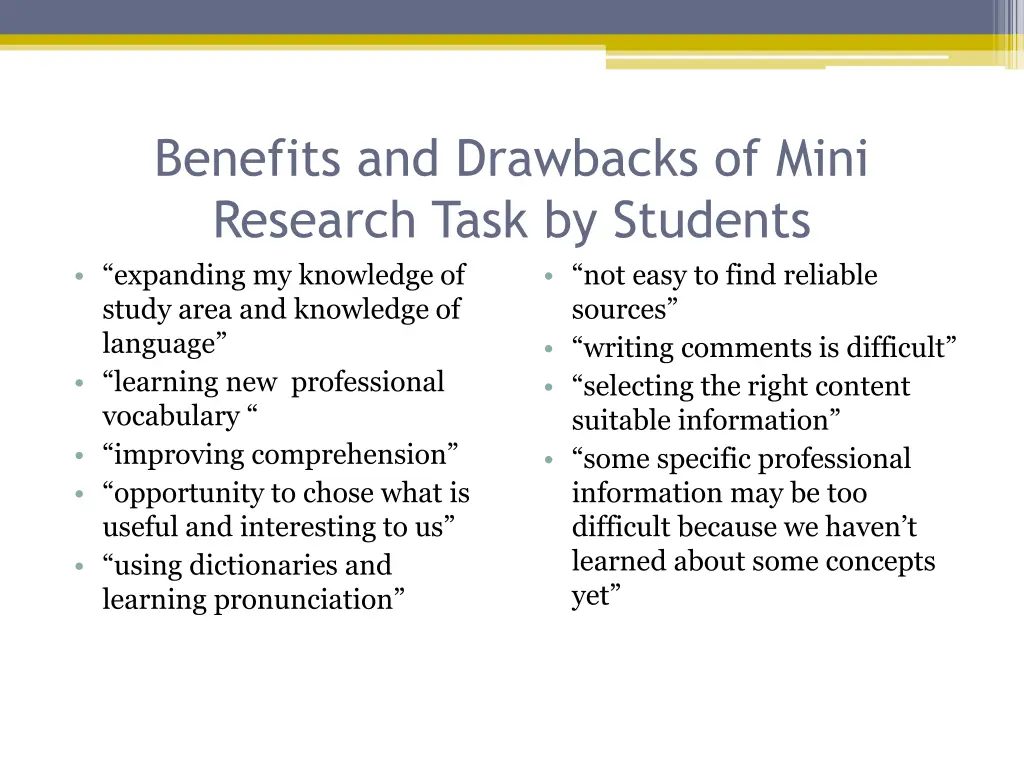 benefits and drawbacks of mini research task