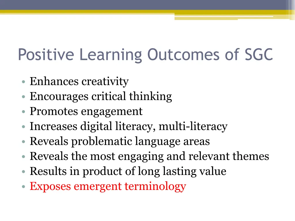 positive learning outcomes of sgc