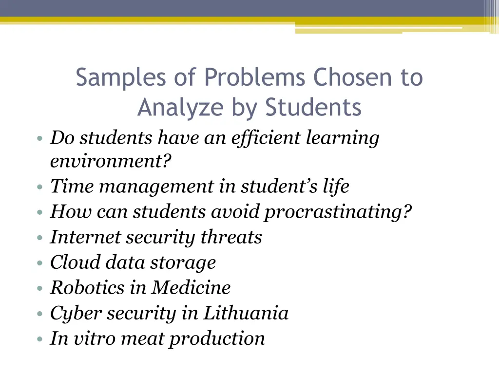 samples of problems chosen to analyze by students