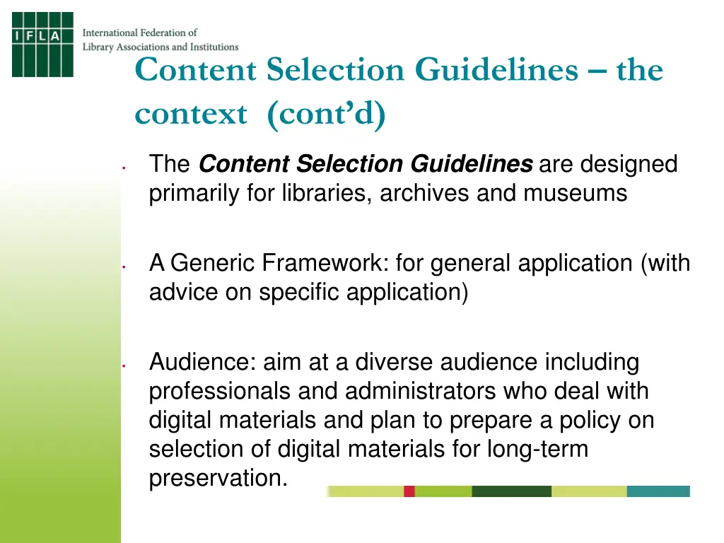 content selection guidelines the context cont d