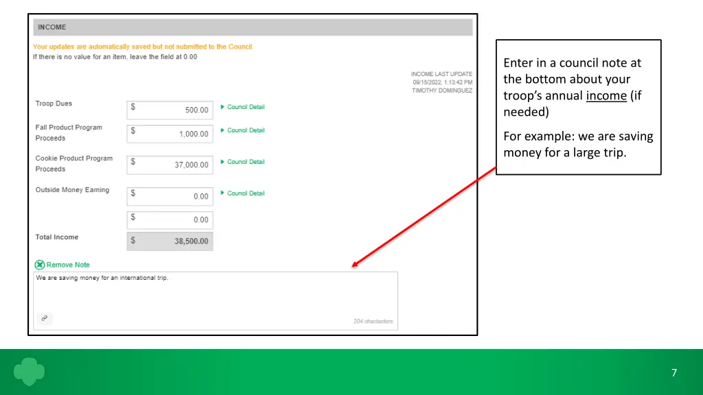 enter in a council note at the bottom about your