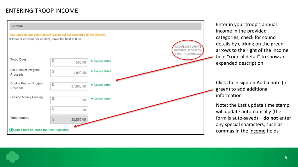 entering troop income