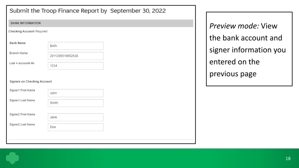 preview mode view the bank account and signer