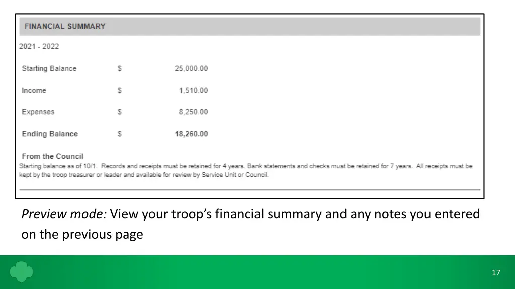 preview mode view your troop s financial summary