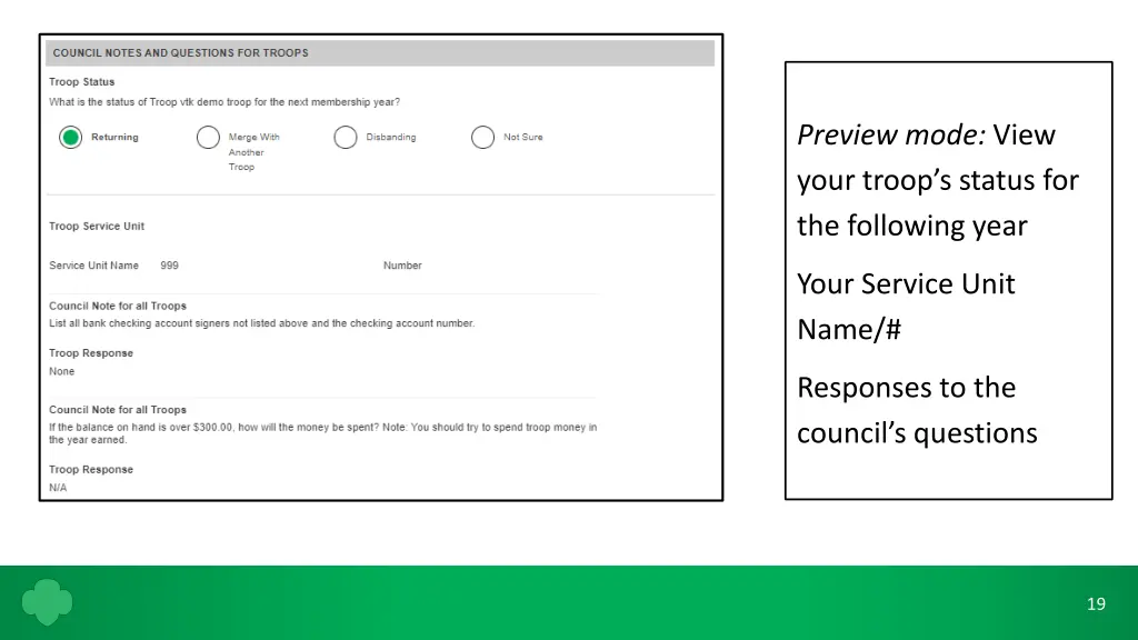 preview mode view your troop s status