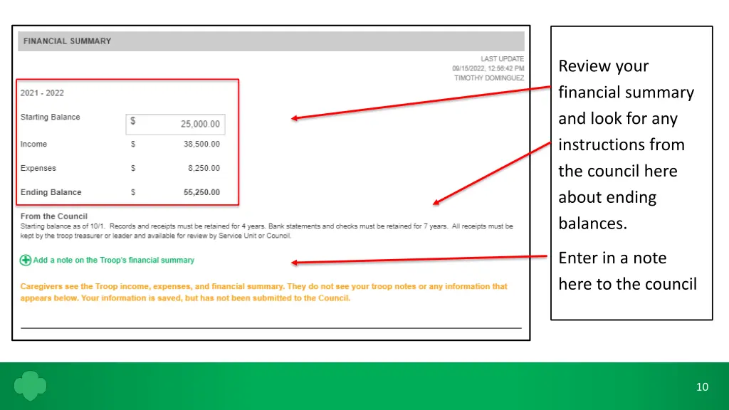 review your financial summary and look